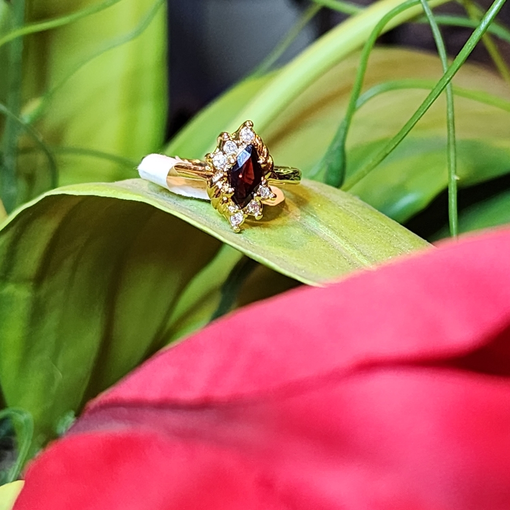 Vintage 14K Gold Electroplated Marquise Red Garnet Ring Size 8